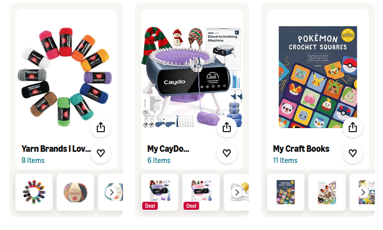 Preview of my Amazon favorites lists for yarn, knitting machines, and craft books